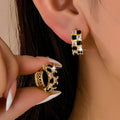 Checker Black & Crystal Baguette Hoop Earrings