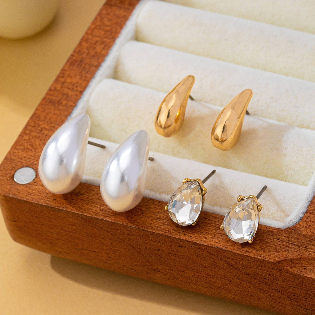Teardrop Crystal Gold Pearl Trio Stud Earring Set