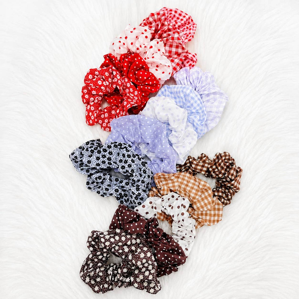 Polka Dot Gingham Checker Floral Scrunchie Set Of 5