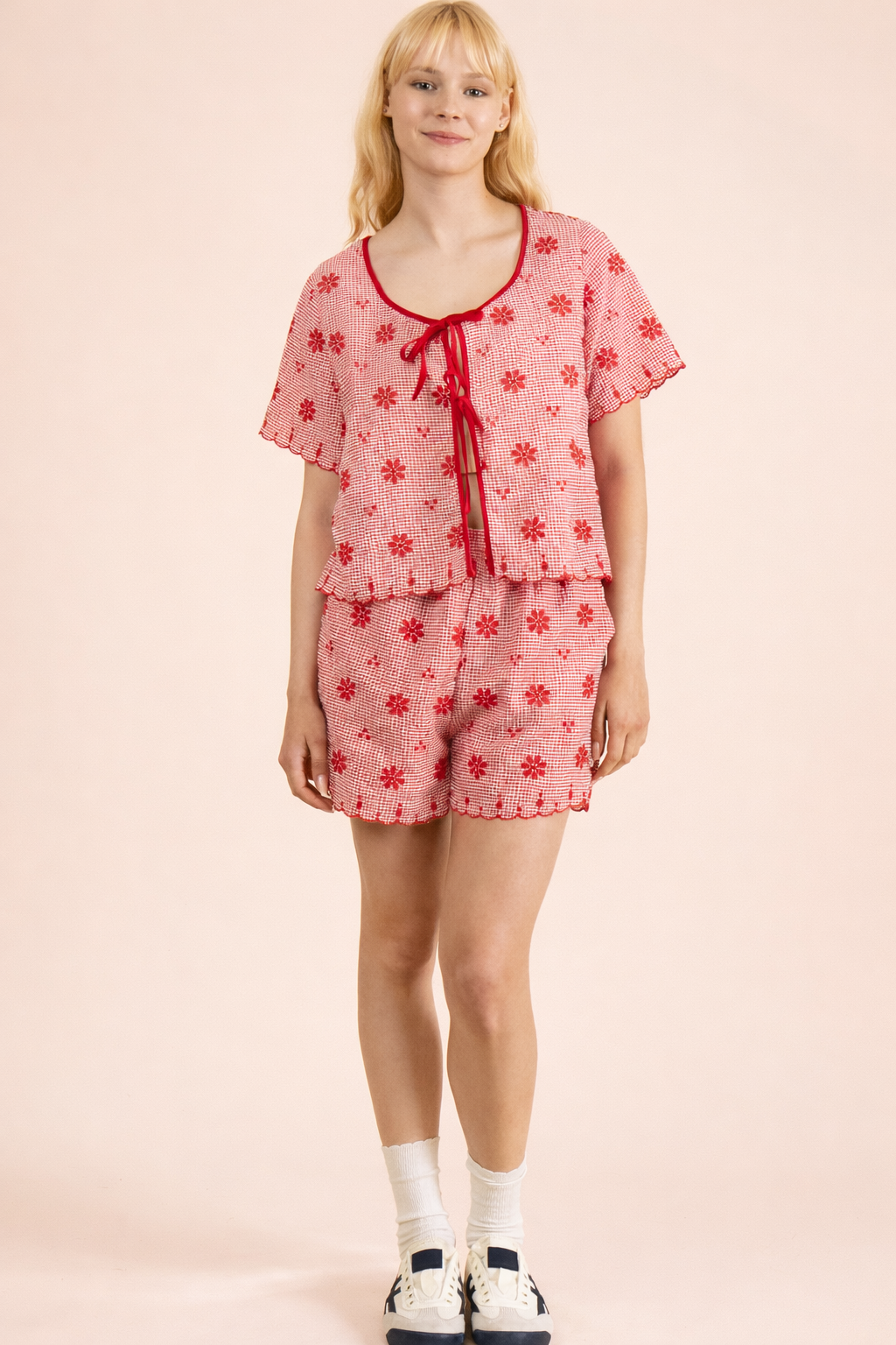 Red Floral Front Tie Blouse & Shorts Set