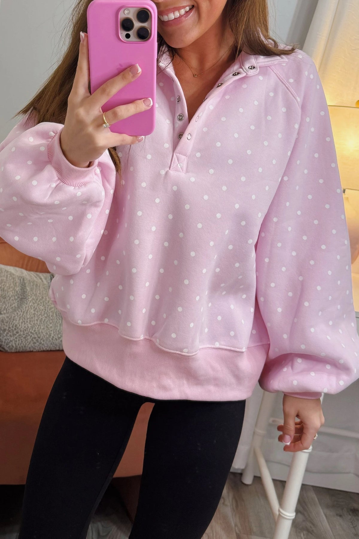 Pink Polka Dot Quarter Button Pullover