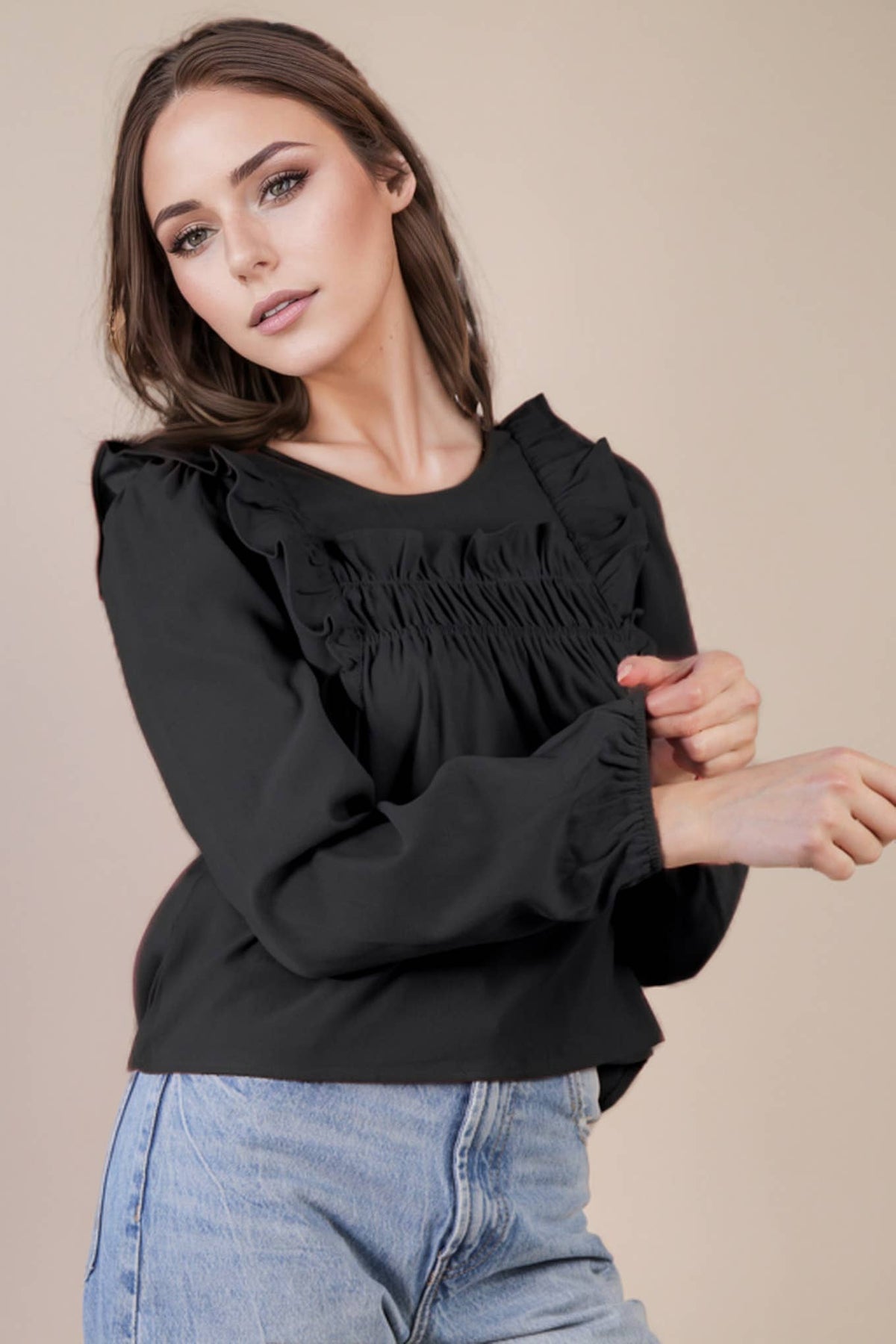 Ruffle Shoulder Woven Blouse Top