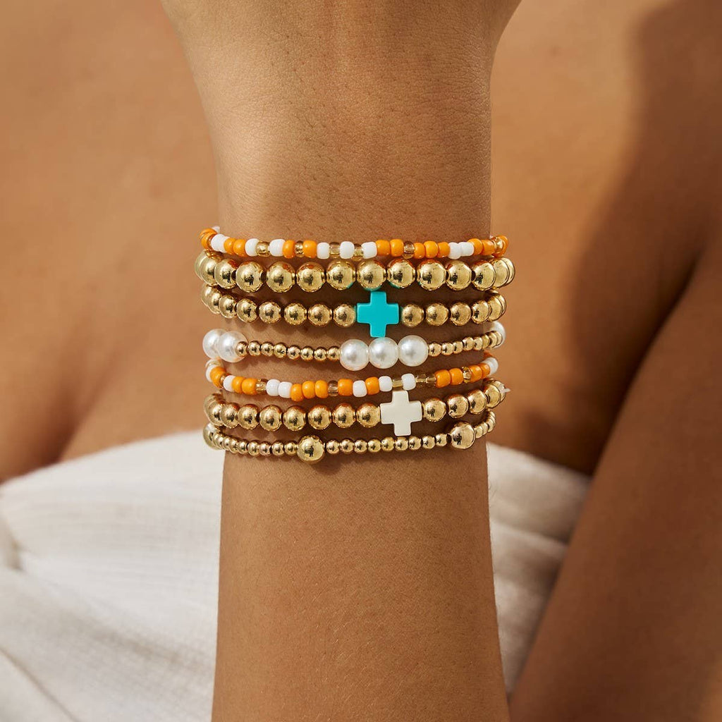 MULTI BALL PEARL BEAD CROSS STRETCHABLE BRACELET