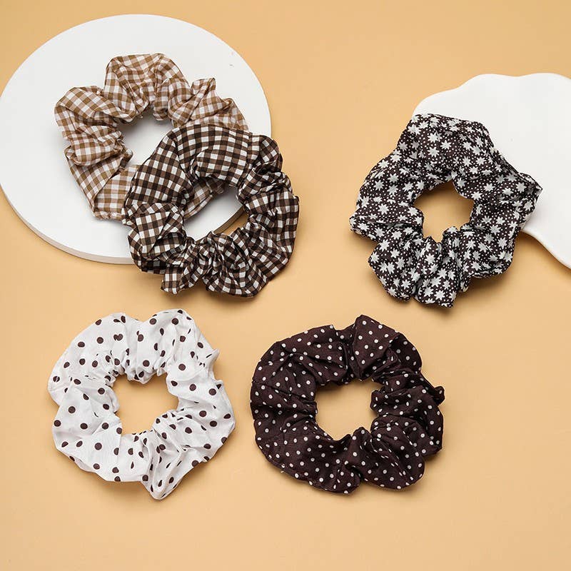 Polka Dot Gingham Checker Floral Scrunchie Set Of 5