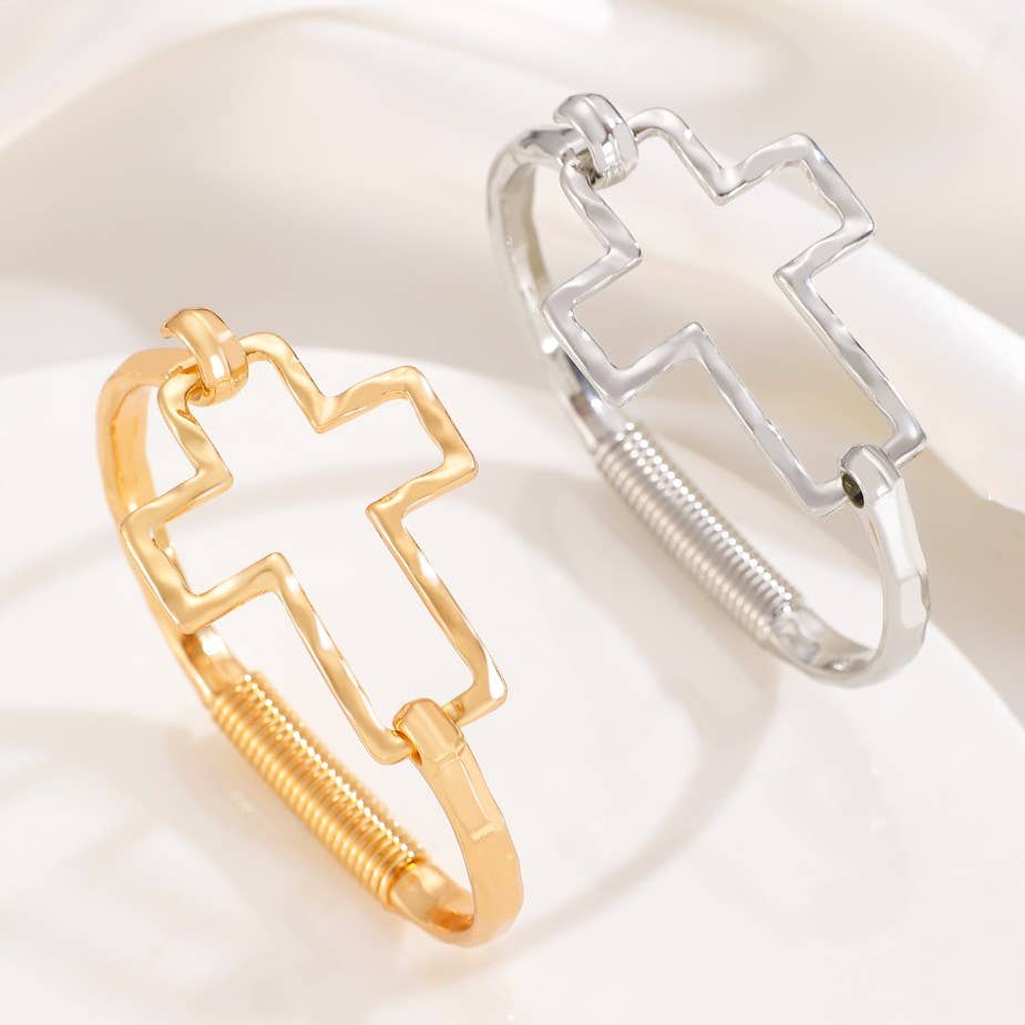 Hammered Open Cross Bangle - Silver or Gold