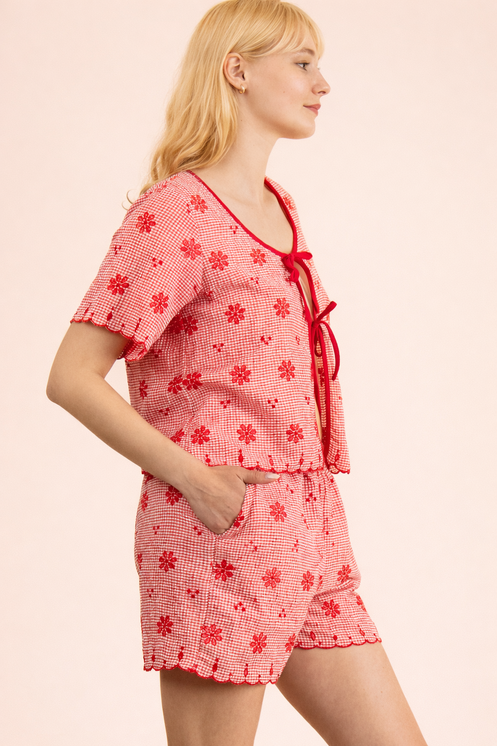 Red Floral Front Tie Blouse & Shorts Set