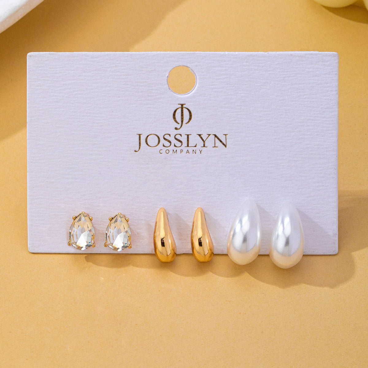 Teardrop Crystal Gold Pearl Trio Stud Earring Set