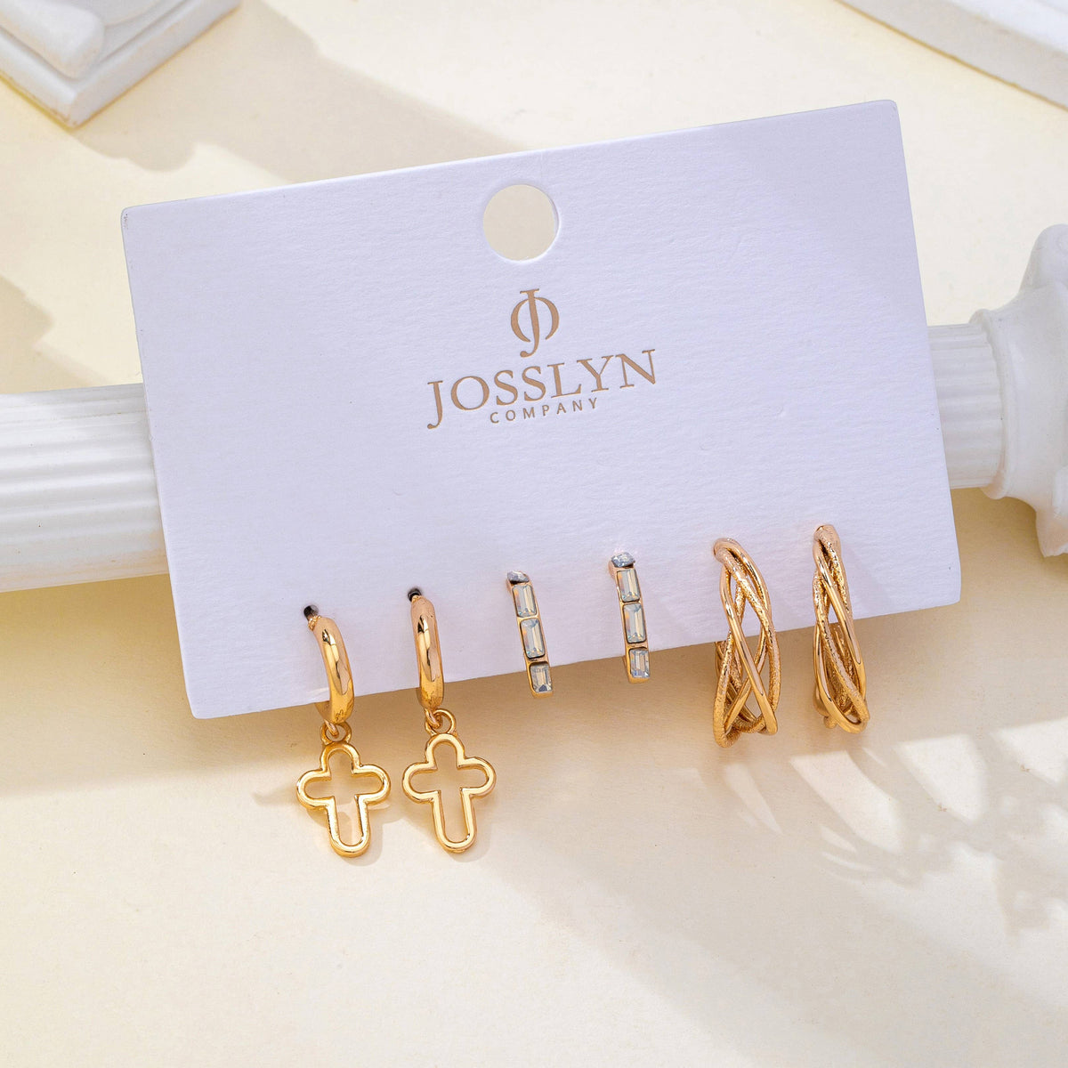 Gold-Tone Cross Baguette Hoop Earring Trio Set