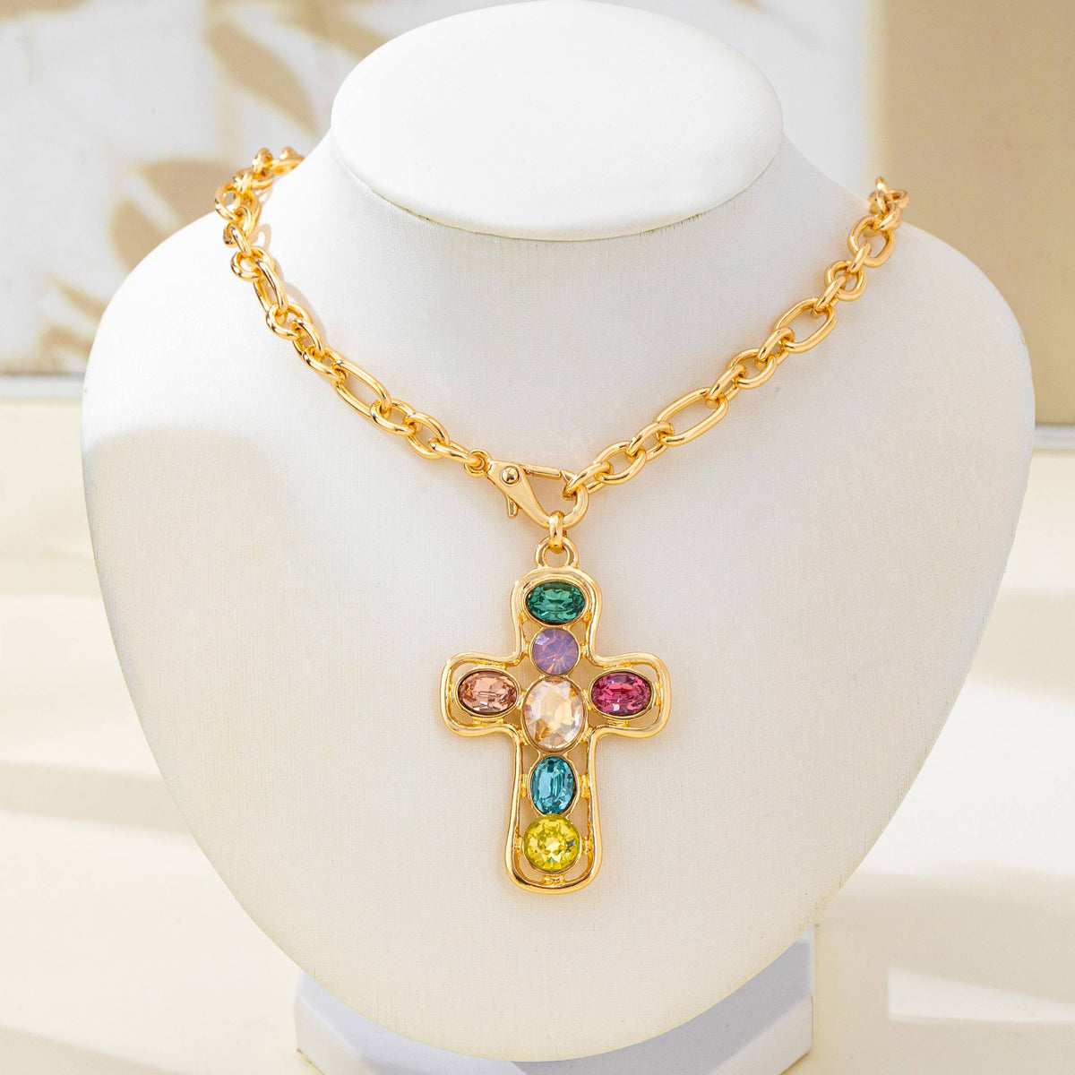 Multi-Colored Crystal Cross Necklace