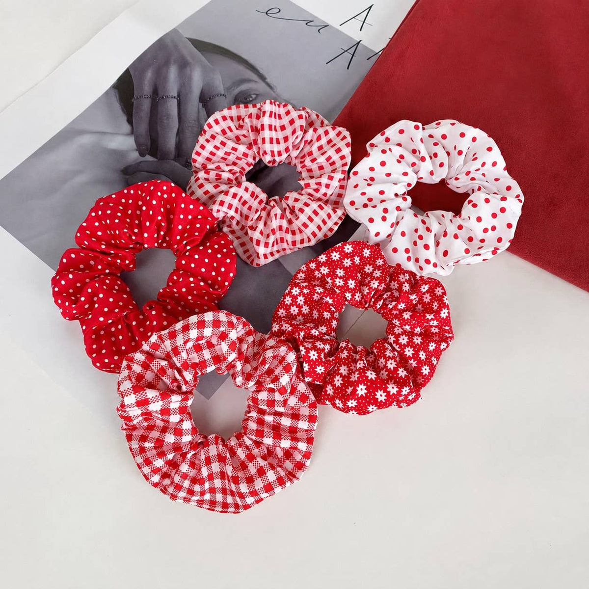 Polka Dot Gingham Checker Floral Scrunchie Set Of 5