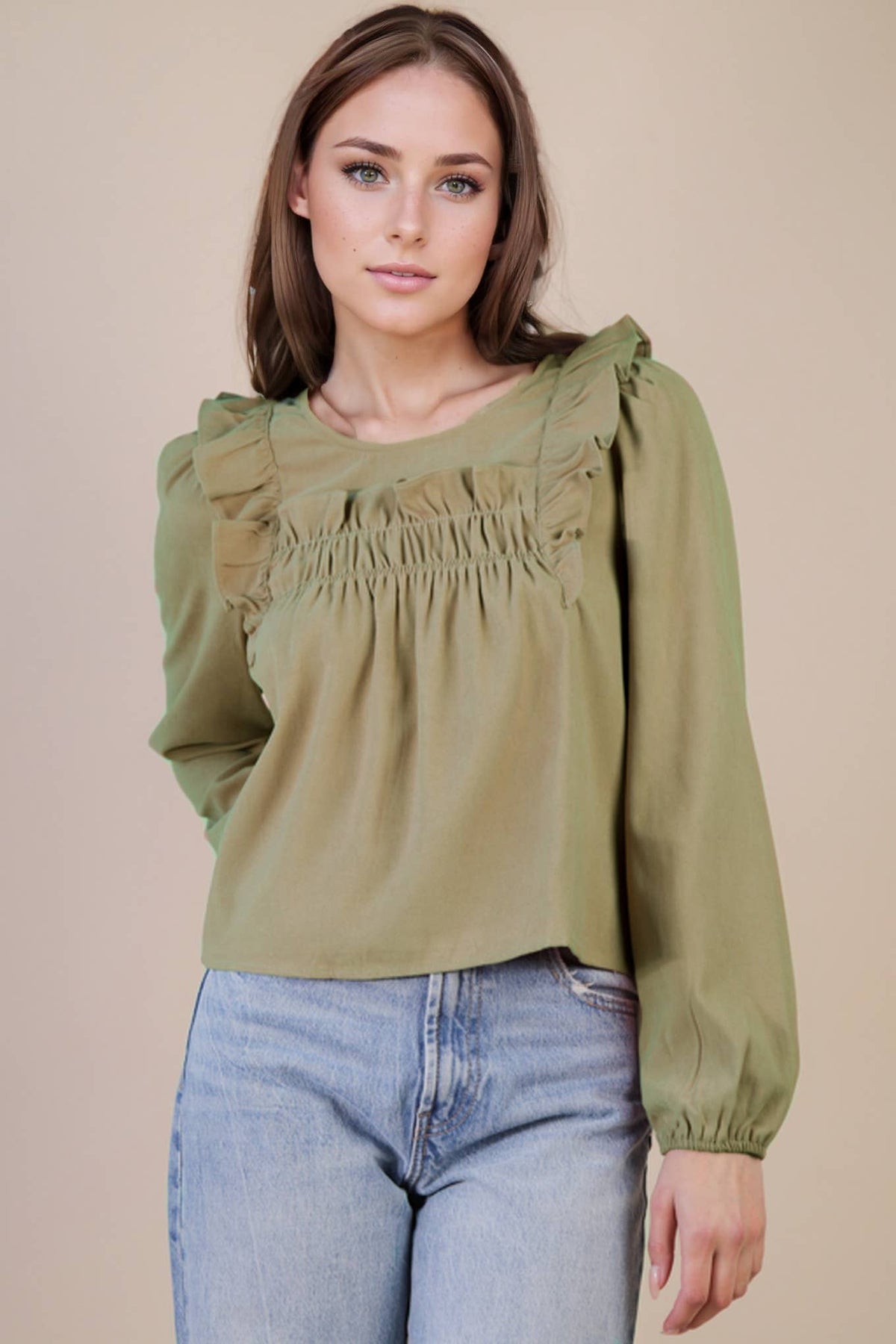 Ruffle Shoulder Woven Blouse Top