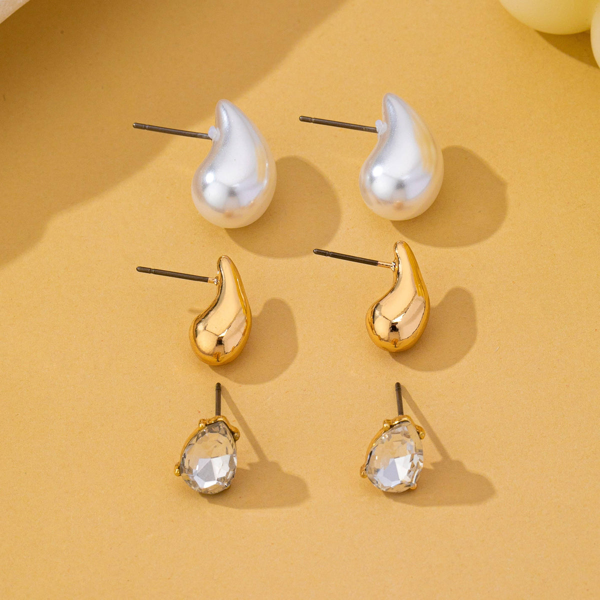 Teardrop Crystal Gold Pearl Trio Stud Earring Set