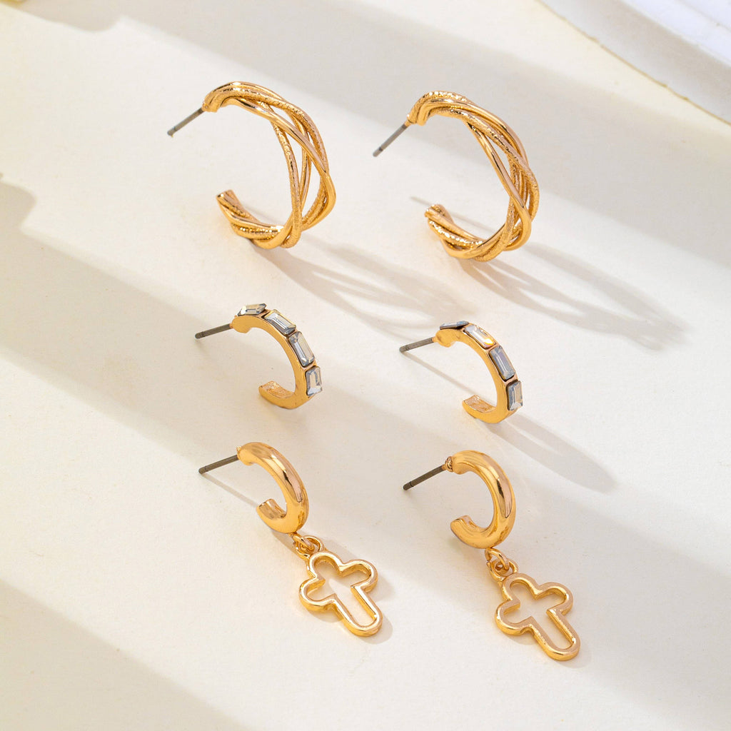 Gold-Tone Cross Baguette Hoop Earring Trio Set