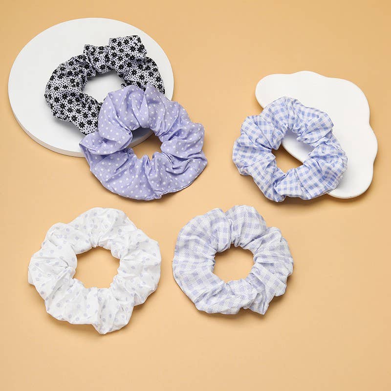 Polka Dot Gingham Checker Floral Scrunchie Set Of 5