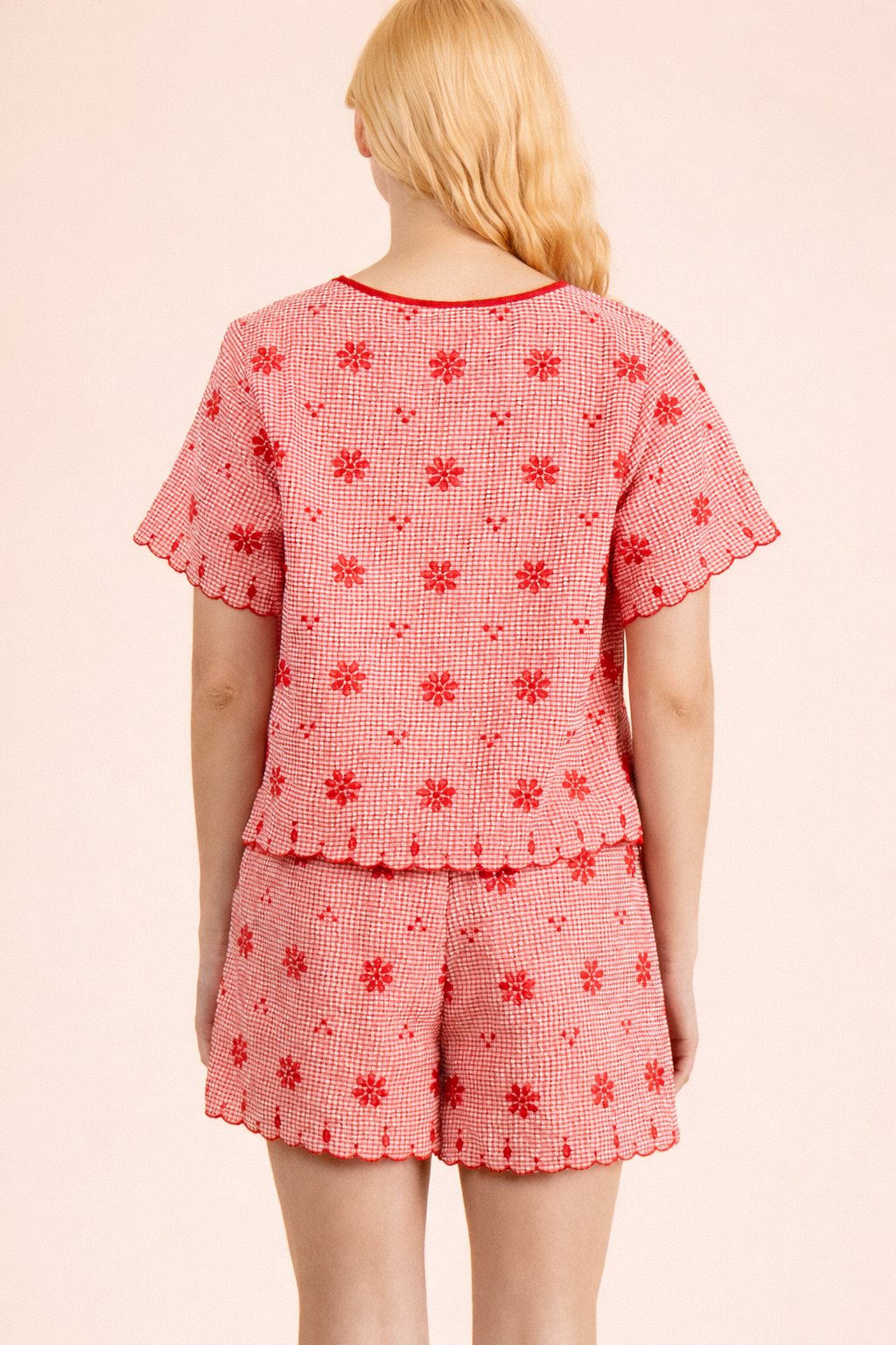 Red Floral Front Tie Blouse & Shorts Set