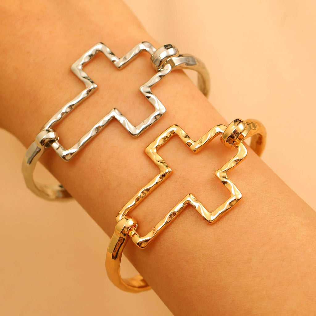 Hammered Open Cross Bangle - Silver or Gold
