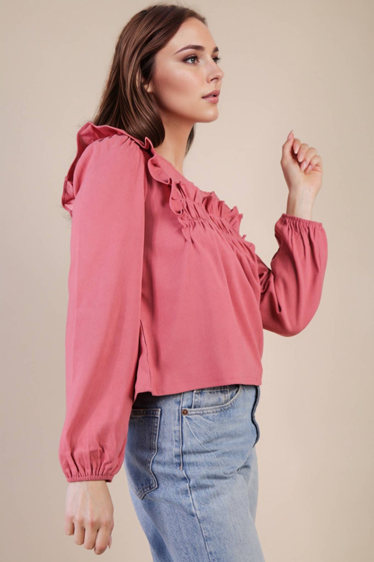 Ruffle Shoulder Woven Blouse Top