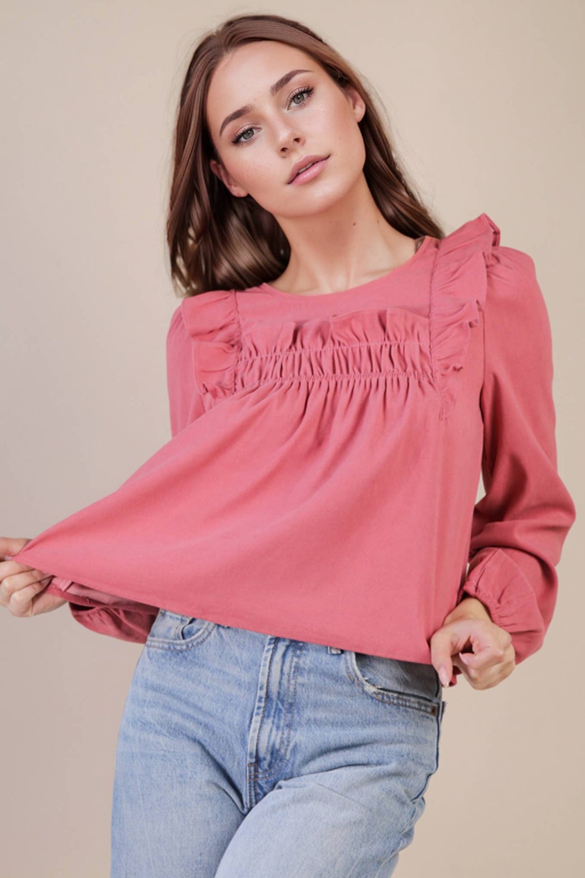 Ruffle Shoulder Woven Blouse Top