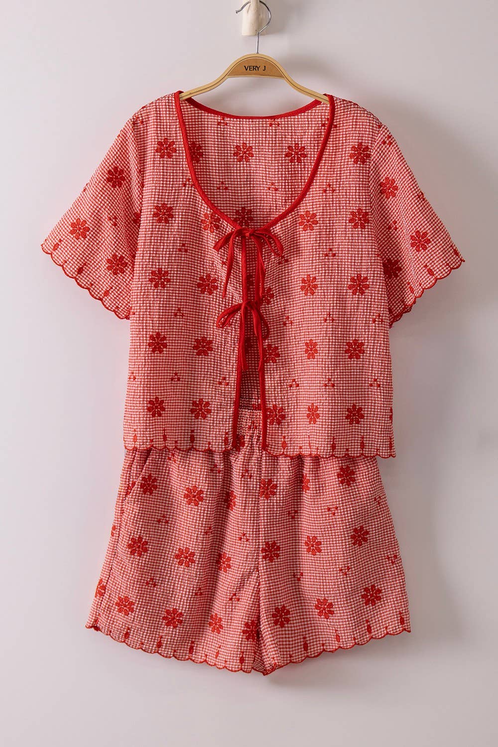 Red Floral Front Tie Blouse & Shorts Set