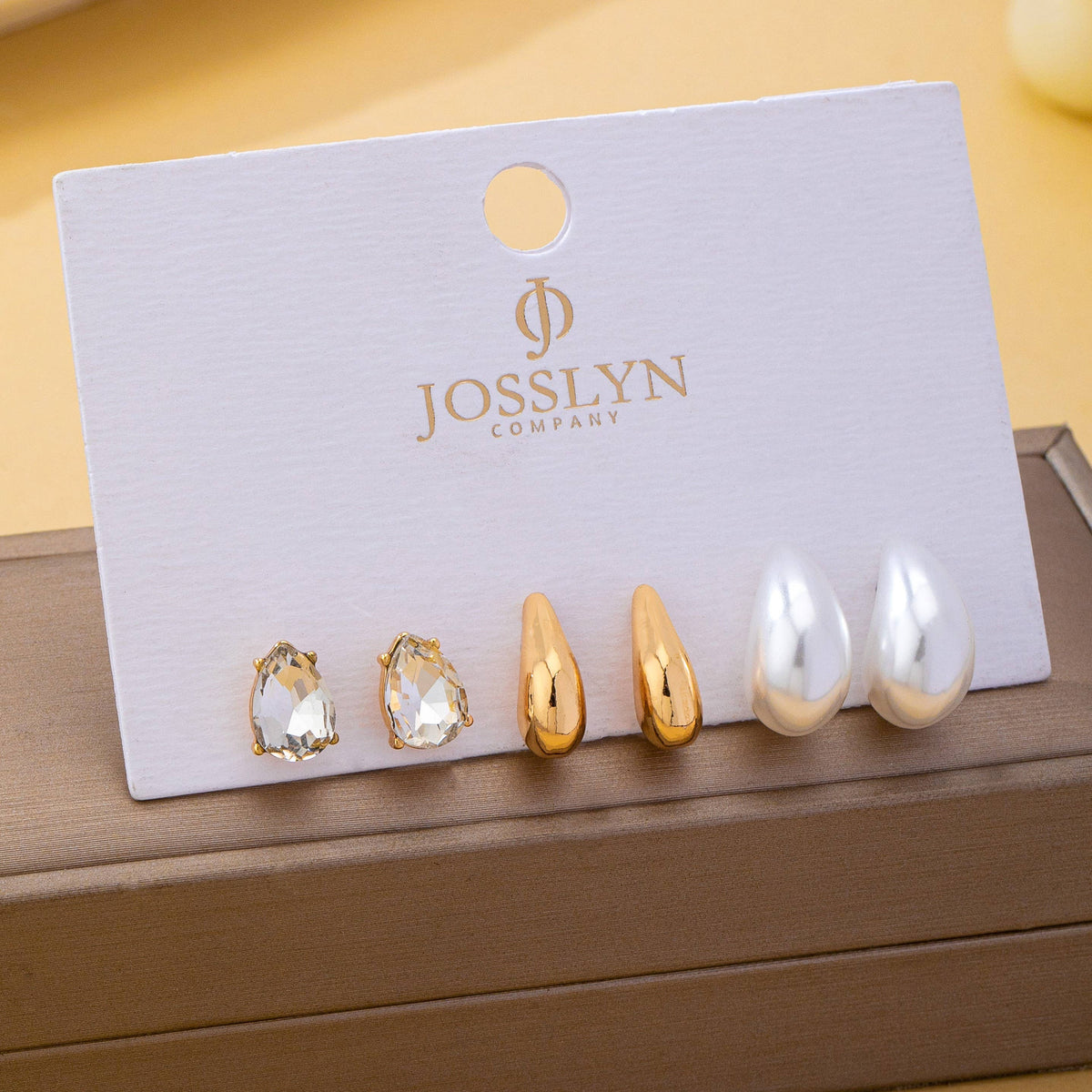 Teardrop Crystal Gold Pearl Trio Stud Earring Set