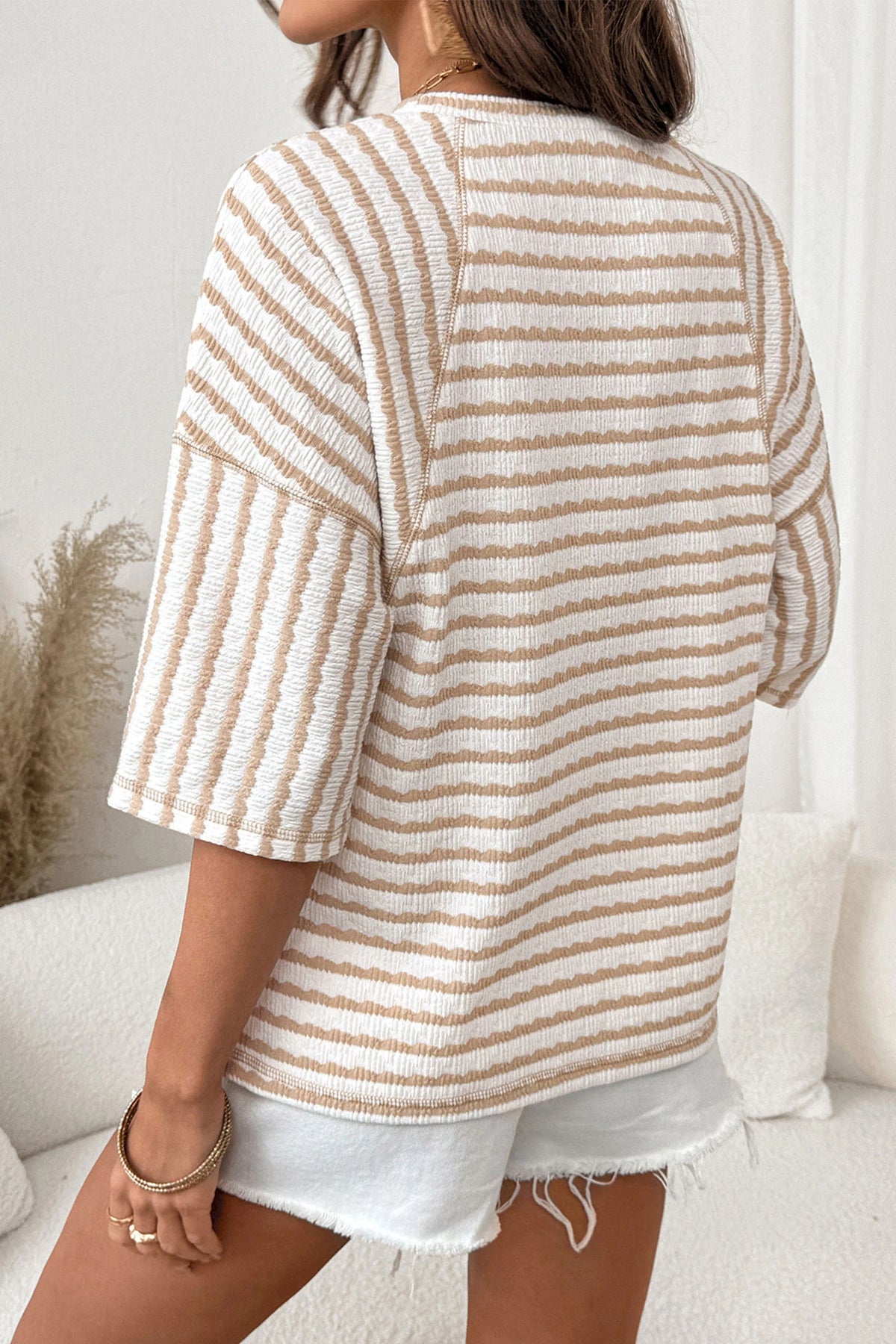 Apricot Striped Textured Top