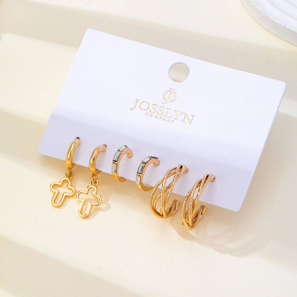 Gold-Tone Cross Baguette Hoop Earring Trio Set