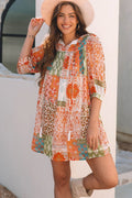 Orange Floral Patchwork Long Sleeve Dress