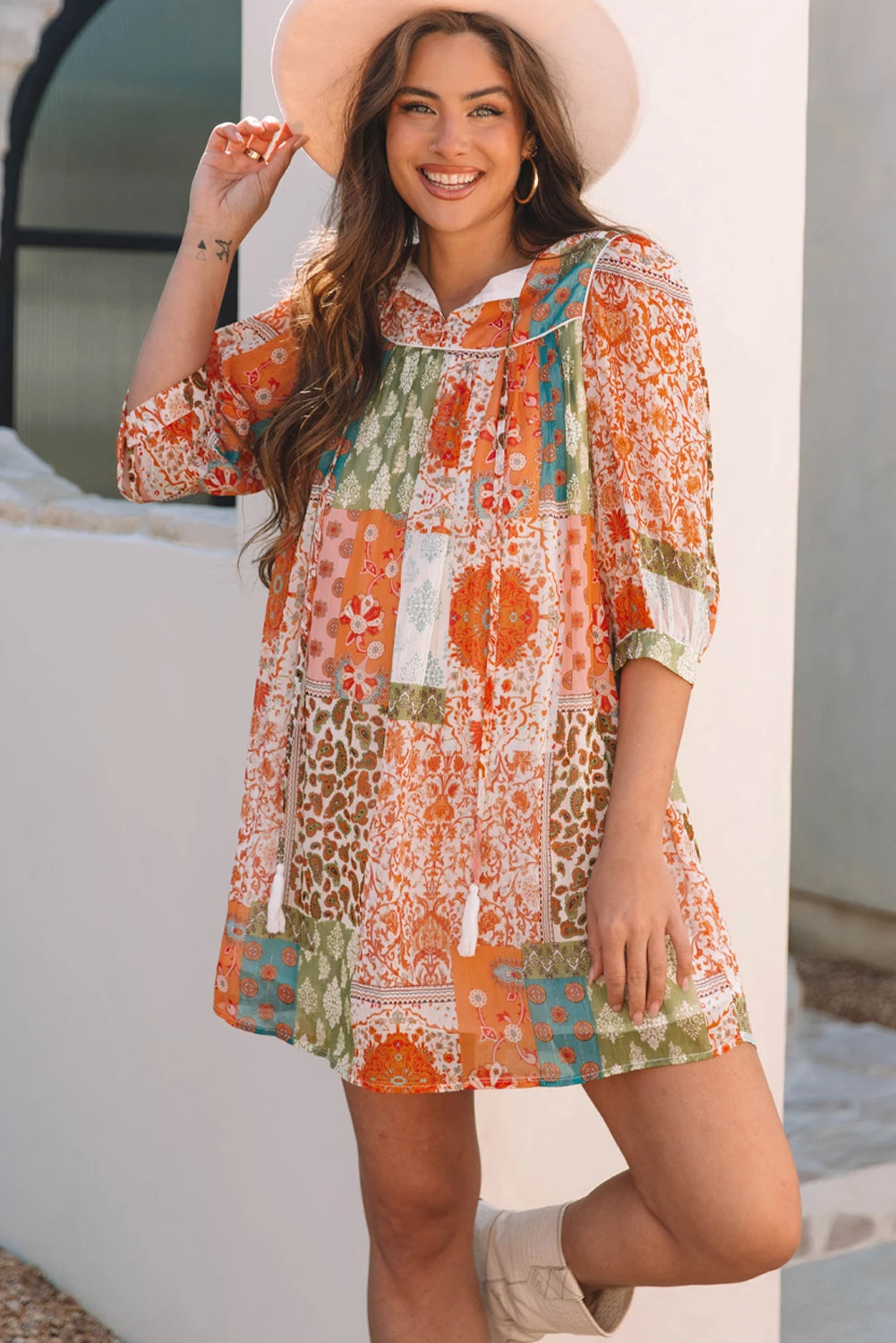 Orange Floral Patchwork Long Sleeve Dress