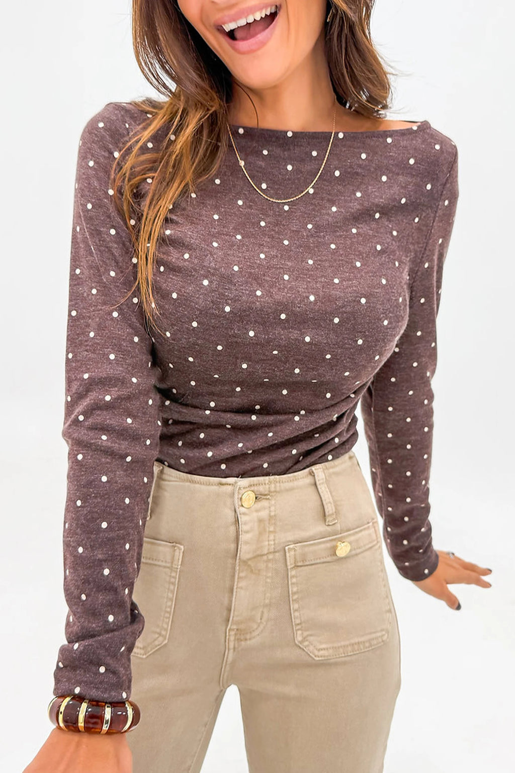 Mocha Brown Polka Dot Boat Neck Long Sleeve Top