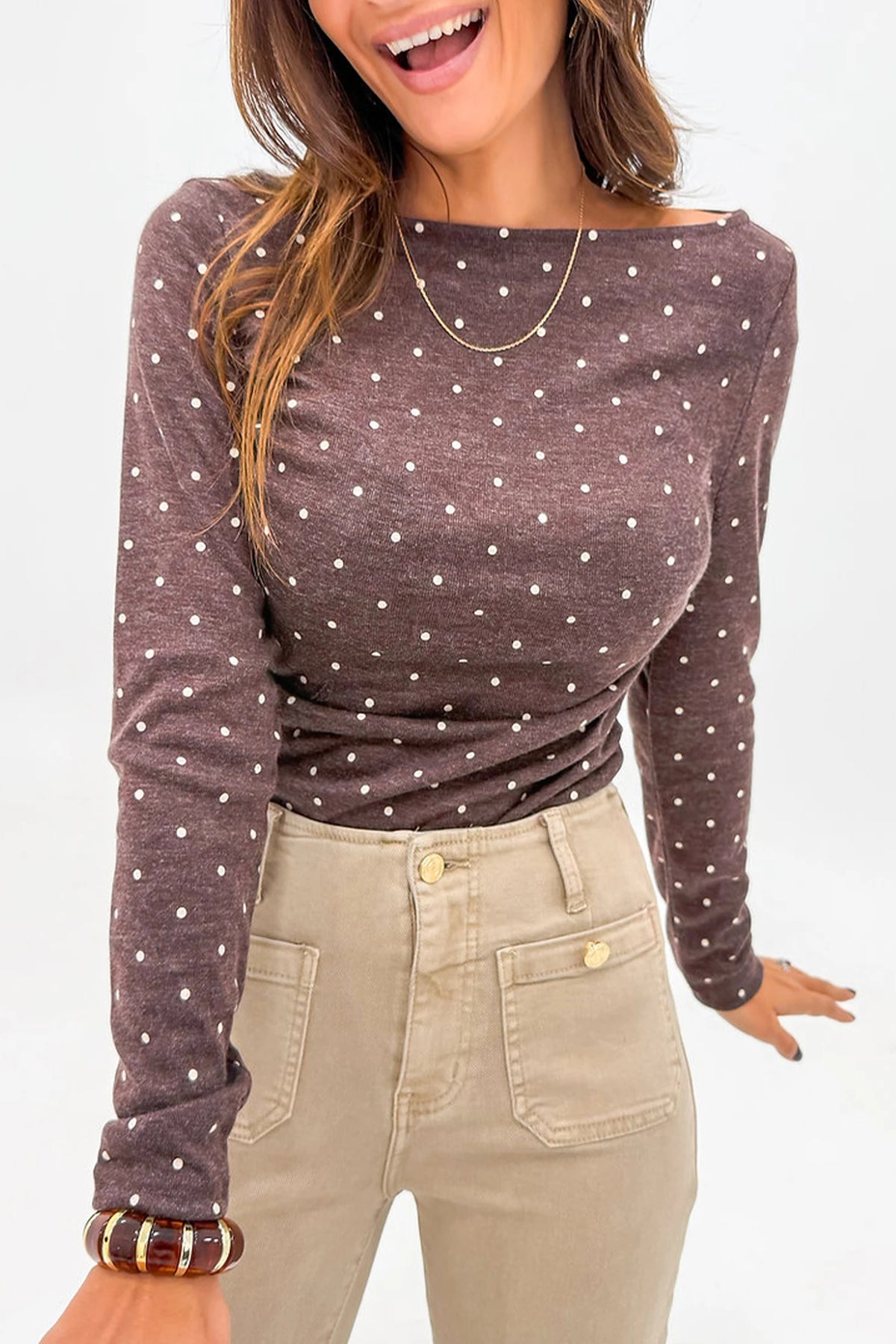 Mocha Brown Polka Dot Boat Neck Long Sleeve Top