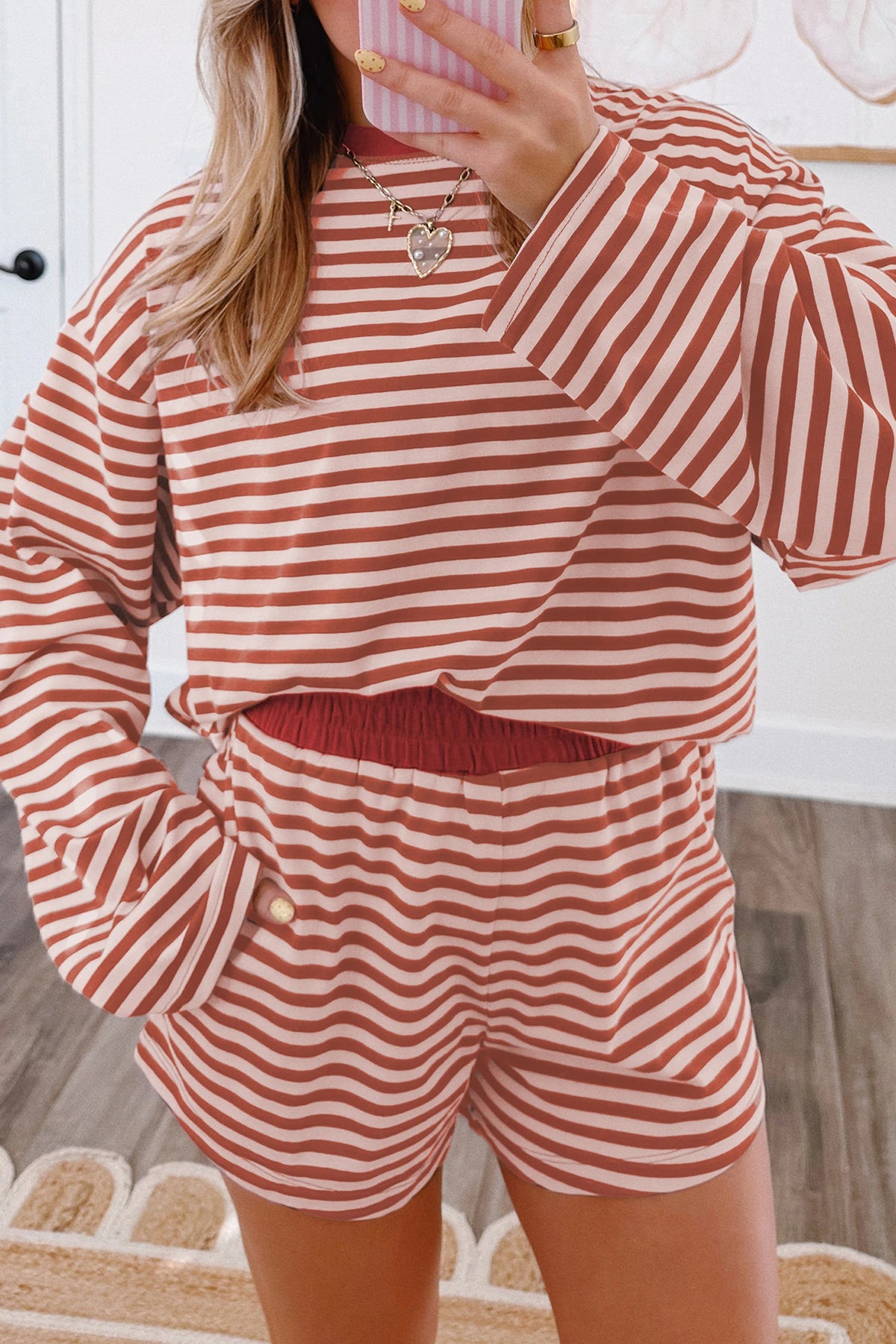 Burnt Orange Striped Top & Shorts Set
