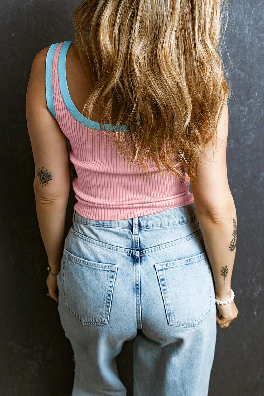 Pink Color Block Knit U-Neck Tank Top