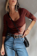 Burgundy Sweetheart Neck Long Sleeve Top
