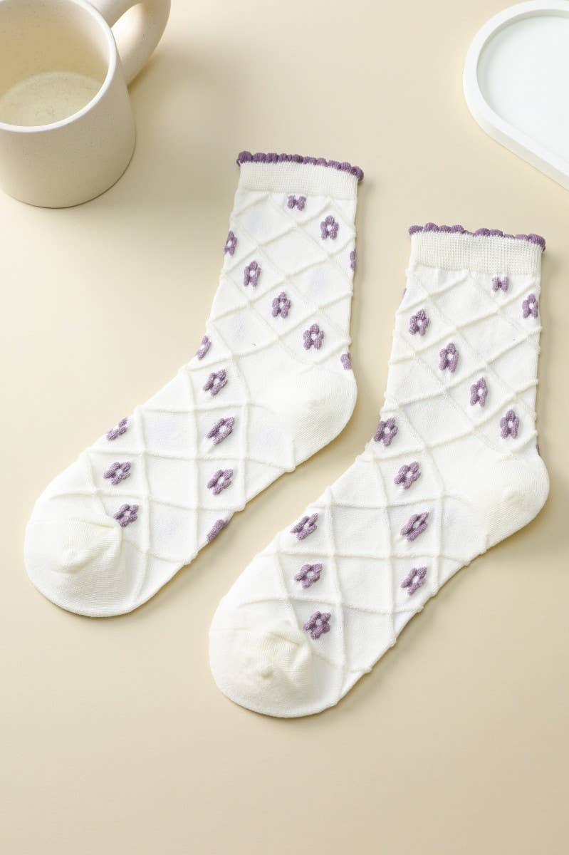 PURPLE Embroidered Texture Crew Sock