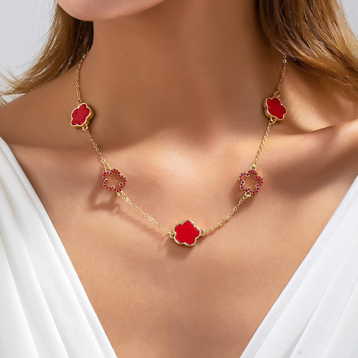 Four Leaf Enamel & Crystal Charm Necklace | 80N93247