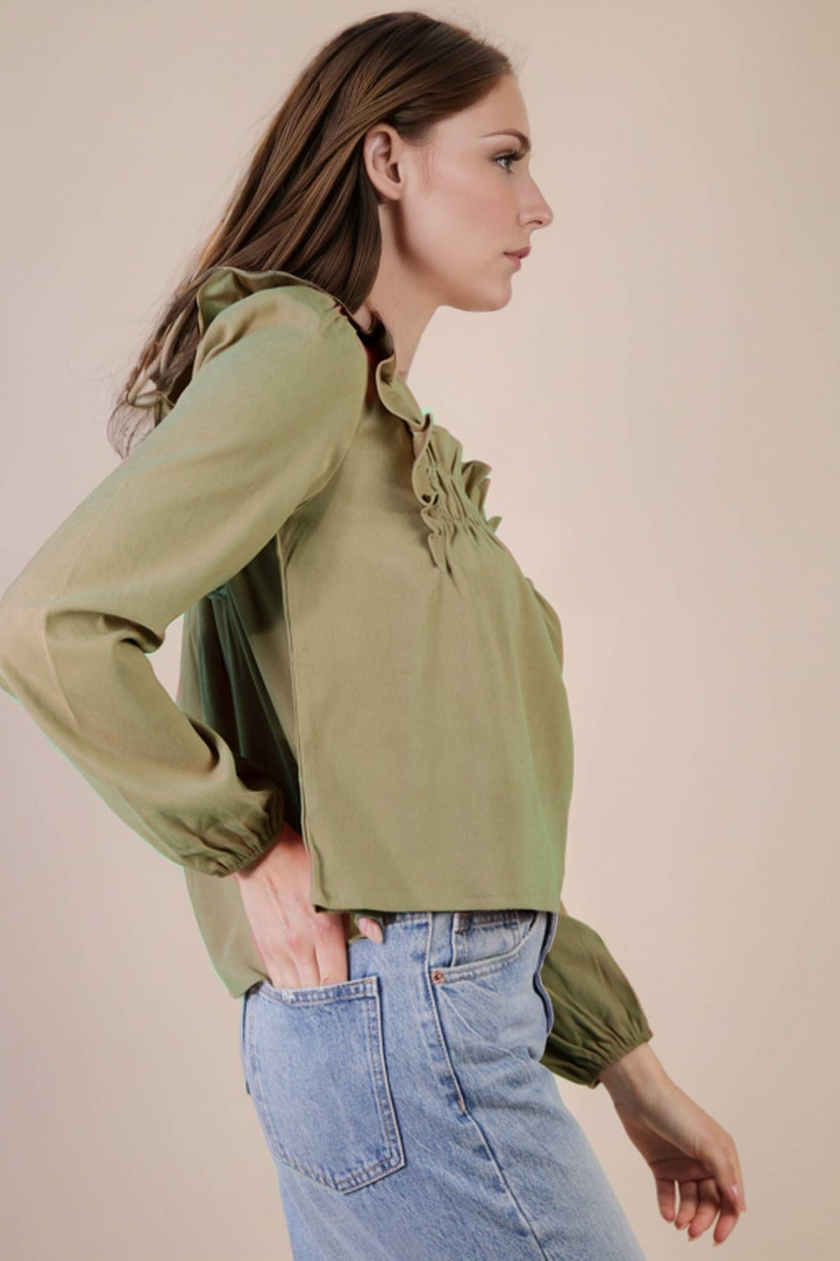 Ruffle Shoulder Woven Blouse Top
