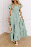 Clear Aqua V-Neck Puff Sleeve Dress (POCKETED)