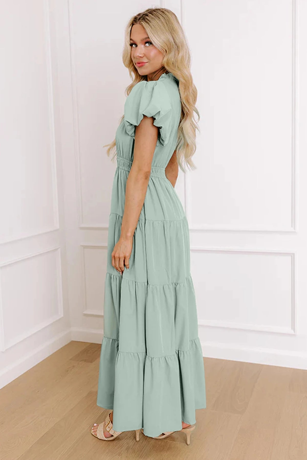 Clear Aqua V-Neck Puff Sleeve Dress (POCKETED)