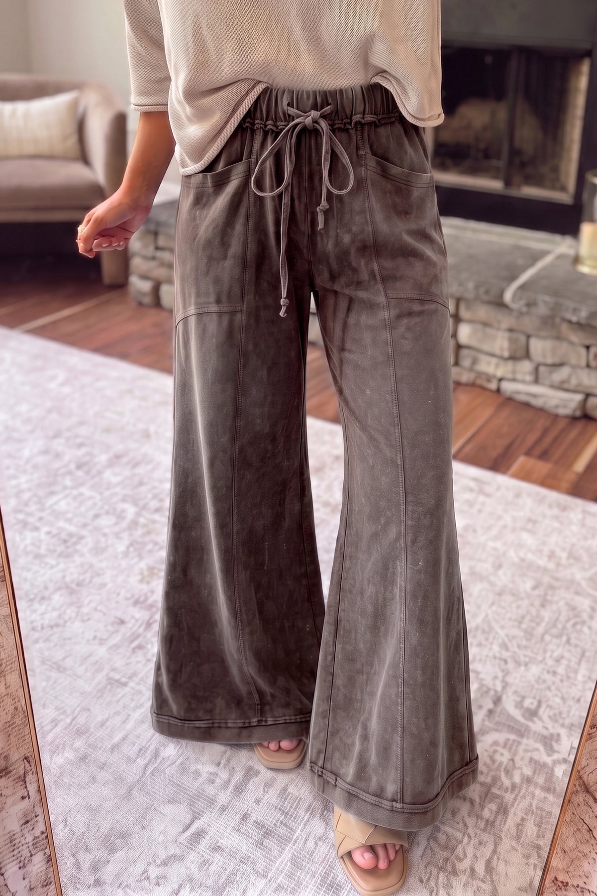 Coffee Mineral Washed Flare Leg Pants