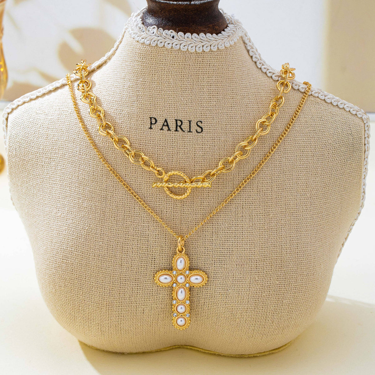 Gold-Tone Chain Pearl Cross Layered Necklace Set