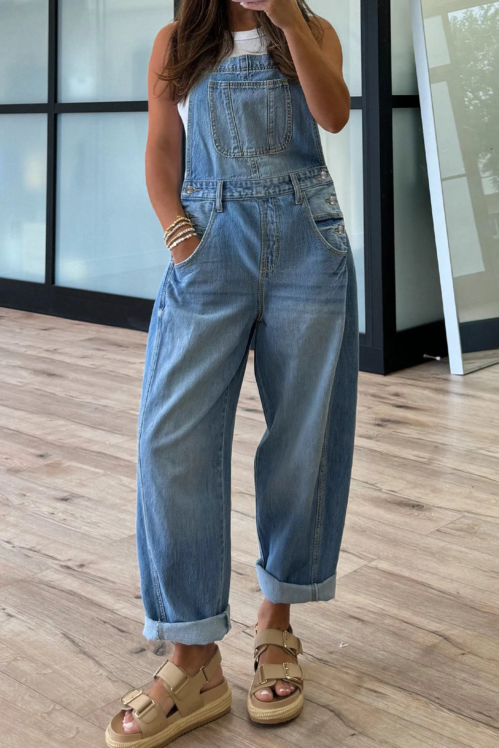 Dusk Blue Barrel Leg Denim Overalls