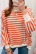 Orange Striped Mock Neck Textured Sweater