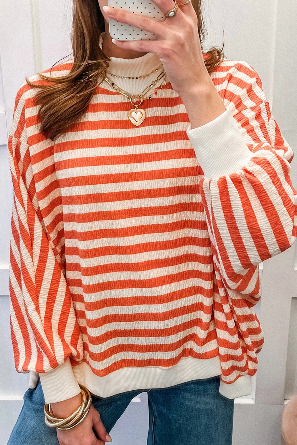 Orange Striped Mock Neck Textured Sweater