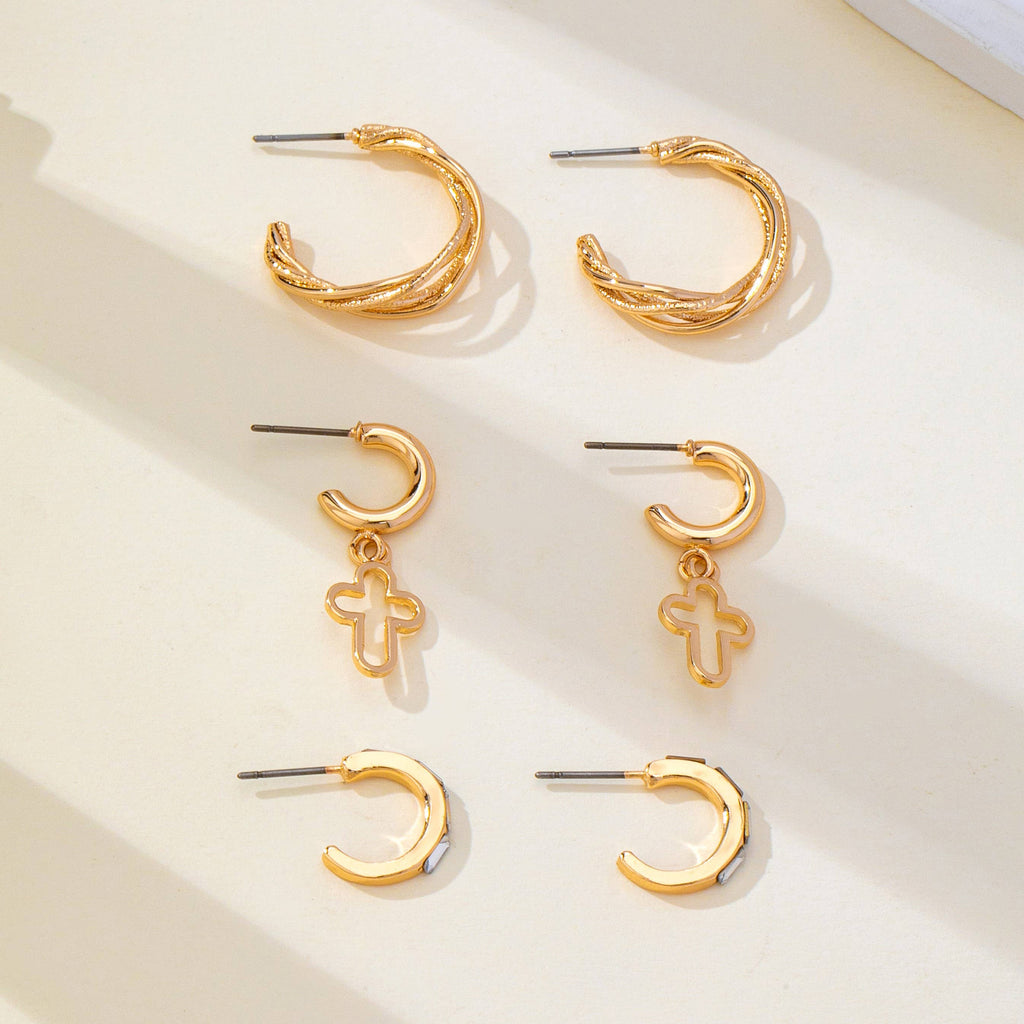 Gold-Tone Cross Baguette Hoop Earring Trio Set