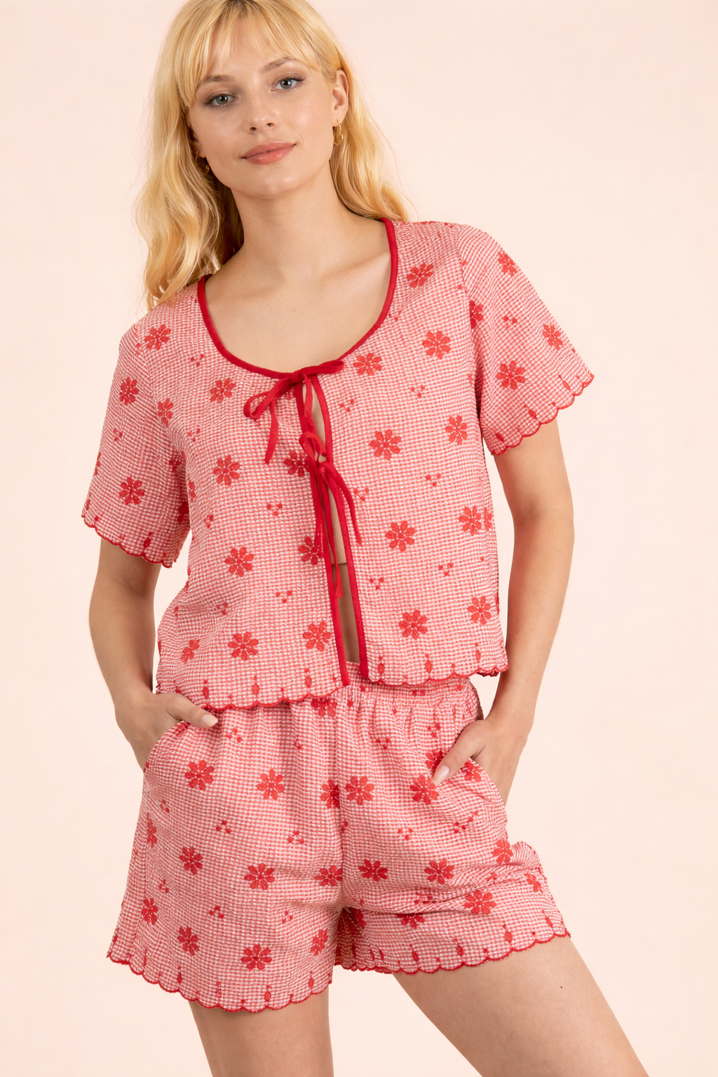 Red Floral Front Tie Blouse & Shorts Set