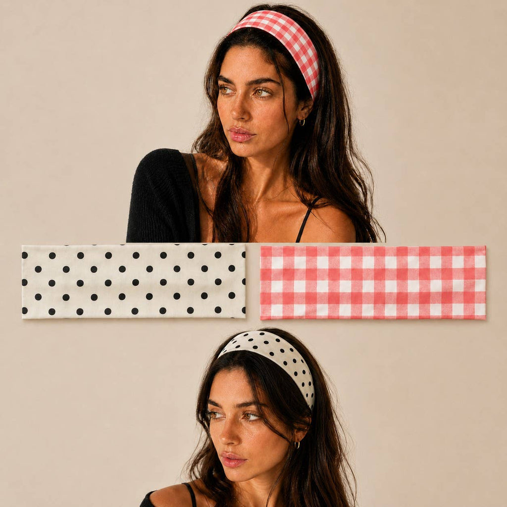 Red Gingham & Black Polka Dot Headband Set