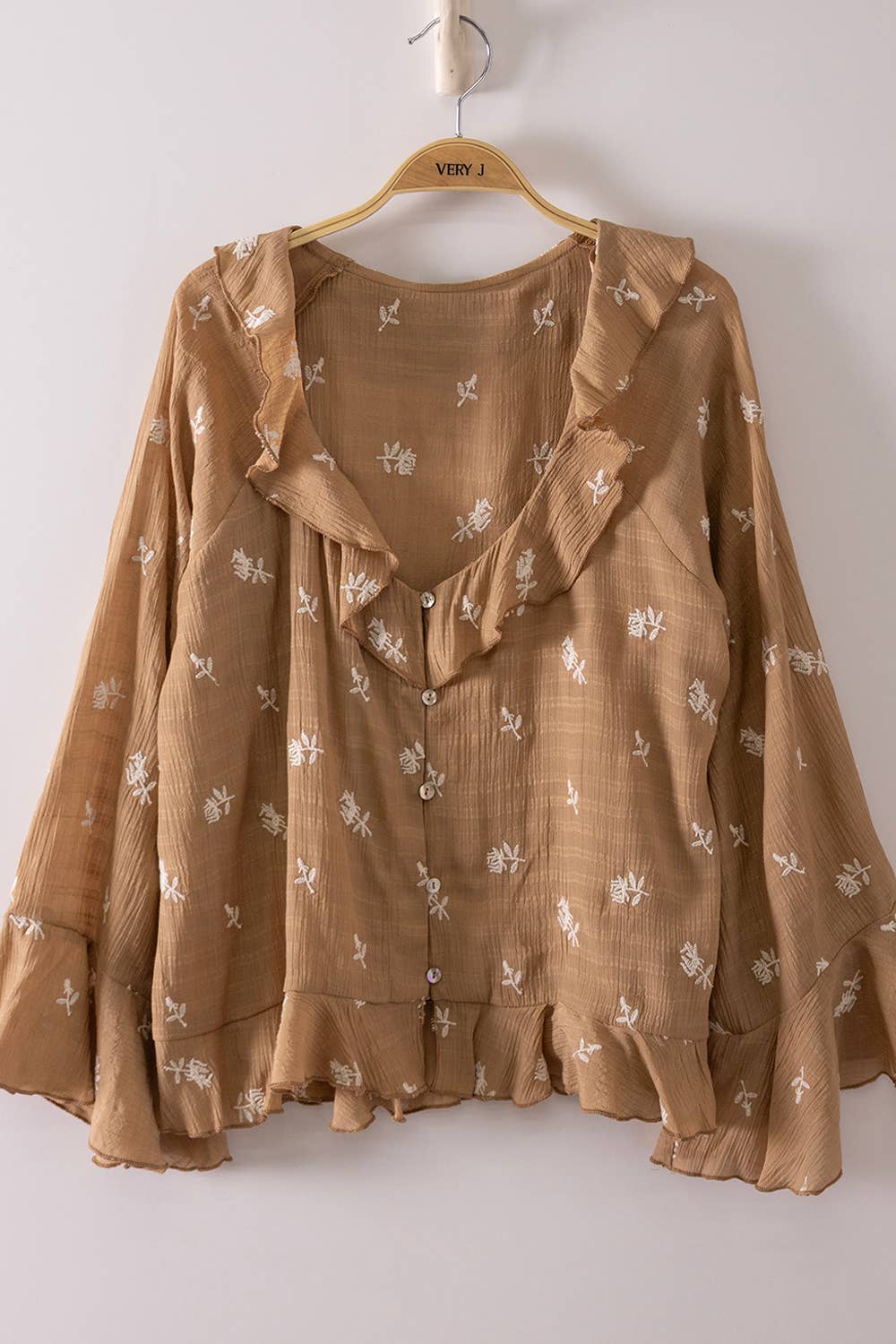 Brown Floral Button-Up Ruffled Blouse