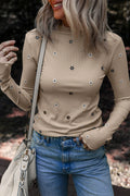 Jet Frilly Mock Neck Embroidered Floral Top