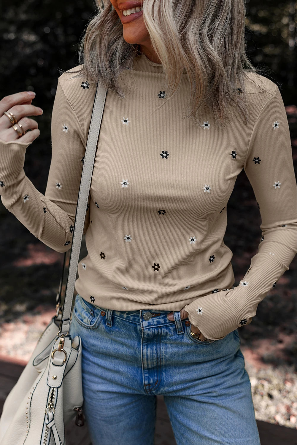 Jet Frilly Mock Neck Embroidered Floral Top