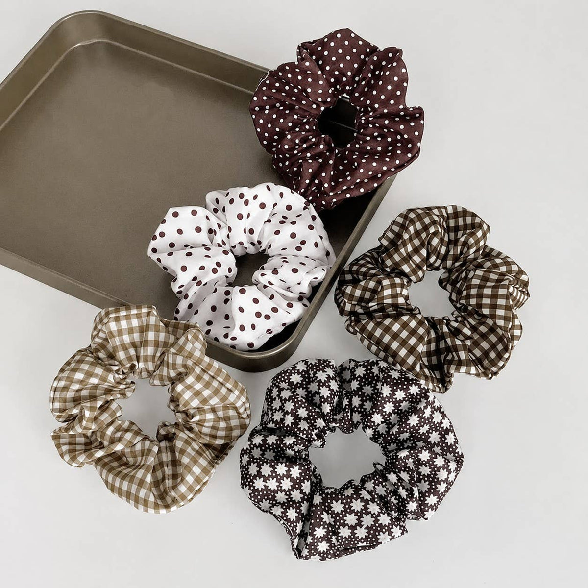 Polka Dot Gingham Checker Floral Scrunchie Set Of 5